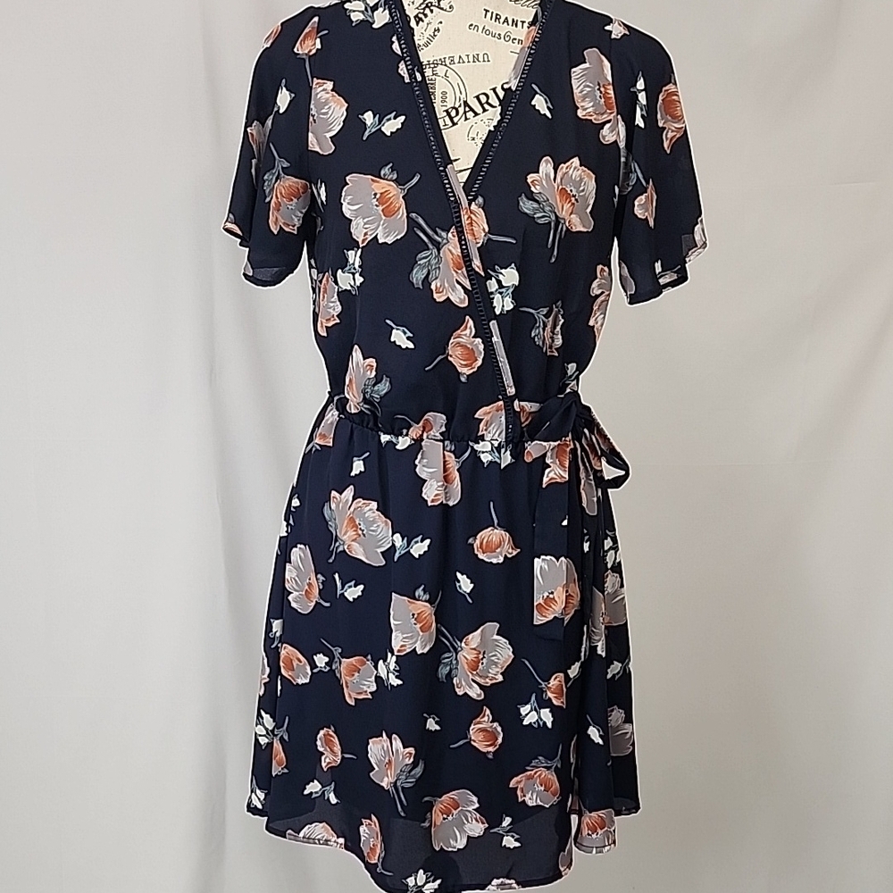 Sienna Sky Navy Floral Faux Wrap Dress, Small